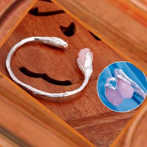 Handcraft Sterling Silver Cuff Bracelet with Sculpted Rose Quartz Gardenias