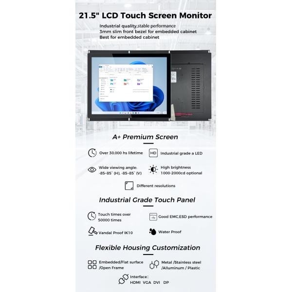 21.5 Inch Medical Open Frame Monitor Touchscreen Anti Fingerprint 250cd/M2 Brightness