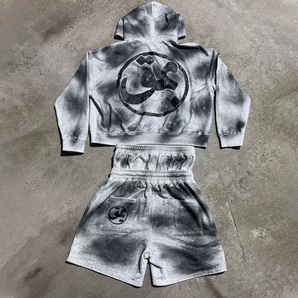 Custom Cotton Full Rhinestone Zip up Sun Faded Double Waisted Baggy Acid Wash Sweat Shorts Set Hoodie and Shorts Set for Men