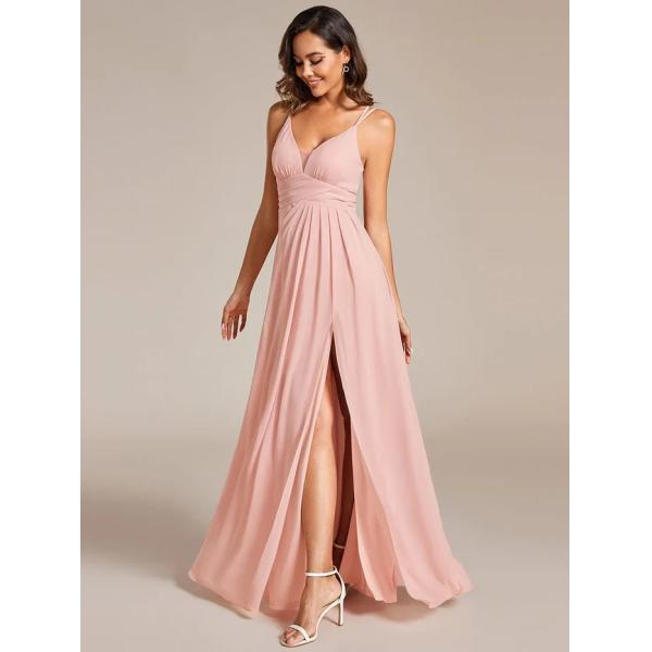 Empire Zipper A-line High Slit Pleated Adjustable Straps V-neck Pink Chiffon Bridesmaid Dress