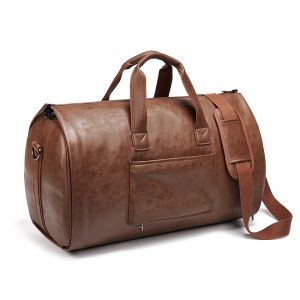 Outdoor PU Leather Travel Duffle Bag Brown With Separate Shoe Compartment