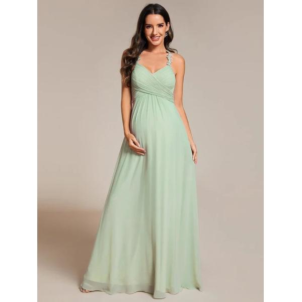 Empire A-line Backless Floral Halter Neck V-neck Pleated Cut-out Back Zipper Mint Green Chiffon Bridesmaid Dress
