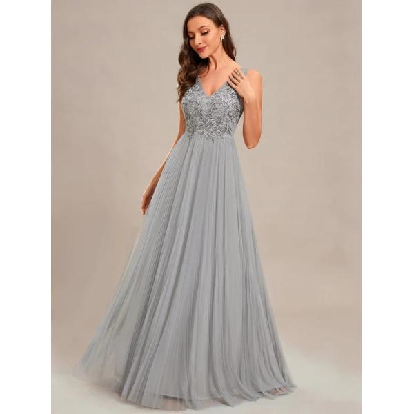 Elegant V-neck Floor-length Appliqued Zipper Two Straps A-line Purple Orchid Crepe Tulle Evening Dress