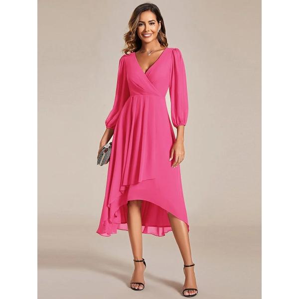 Elegant Empire Long Sleeve V-neck High Low A-line Ruffled Midi Hot Pink Chiffon Wedding Guest Party Dress