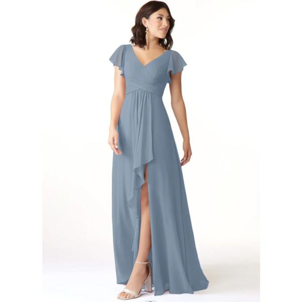 Beautiful Pleated Chiffon Dusty Blue Floor-Length Junior Bridesmaid Dress Cap Sleeve Princess Ruffle
