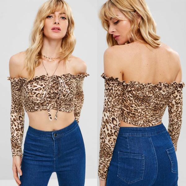 Buy Women Frill Leopard Off Shoulder Crop T-shirt at wholesale prices