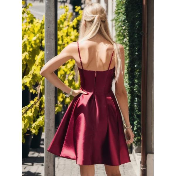 Spaghetti Strap A-line Backless Short Mini Burgundy Satin Graduation Dress