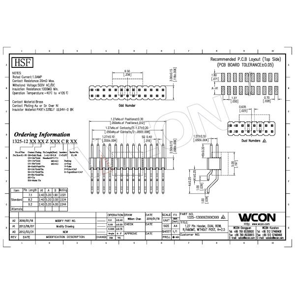 WCON Connector 1.27 Mm Pitch Pin Header 90° SMT PA9T BK H=2.5 Horizontal posts