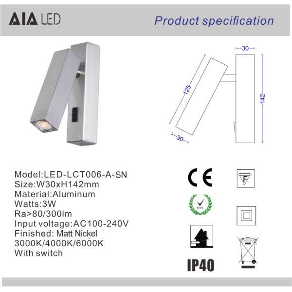 IP40 surface square bar bedside wall light headboard wall lamp interior 3W bed wall light for school