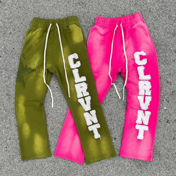 Designer Sun Faded Embroidery Patch Distressed French Terry Vintage Straight Leg Sweatpants Sweat Pants for Men Custom Logo