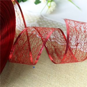 Quality 6.3cm Glitter Wired Edge Ribbon For Christmas Holiday Decoration Metallic Organza Mesh Ribbon for sale