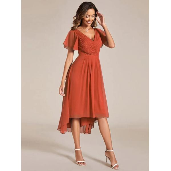 Chic V-neck High-low Short Flutter Sleeves A-line Ruffles Midi Invisible Zipper Burnt Orange Chiffon Party Dress