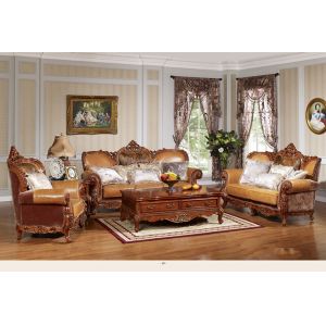 Luxury classic antique European style living room furniture solid wood leather