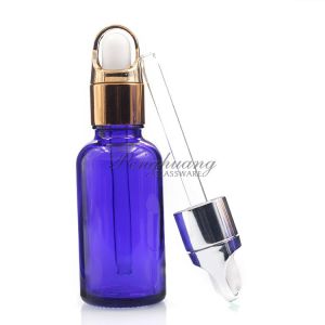 Cylindrical 30ml Blue Oil Dropper Glass Bottle With Gold Dropper