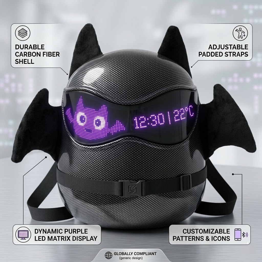 Programmable LED Display Bat Backpack, Carbon Fiber Hard Shell, Customizable