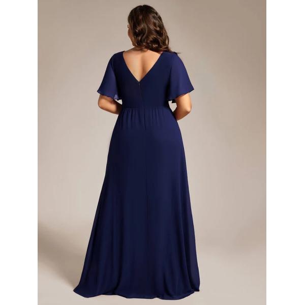 A-line Ruffle Sleeves And High Slit V-neck Navy Blue Chiffon Bridesmaid Dress