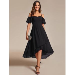 Quality Empire Off-shoulder Spaghetti Strap Zipper High-low Wedding Guest Dresses Short Sleeves Black Chiffon Prom Dress for sale