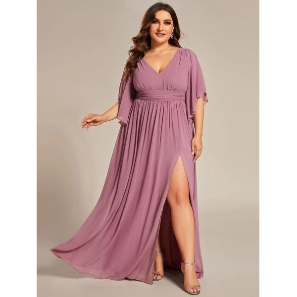 Empire Plus Size V-neck Ruffled A-line Invisible Zipper Half Flutter Sleeves Purple Orchid Chiffon Evening Dress