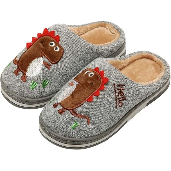 Fun DIno Featured Kids Slippers Warm Faux Fur Lining for Winter Comfort