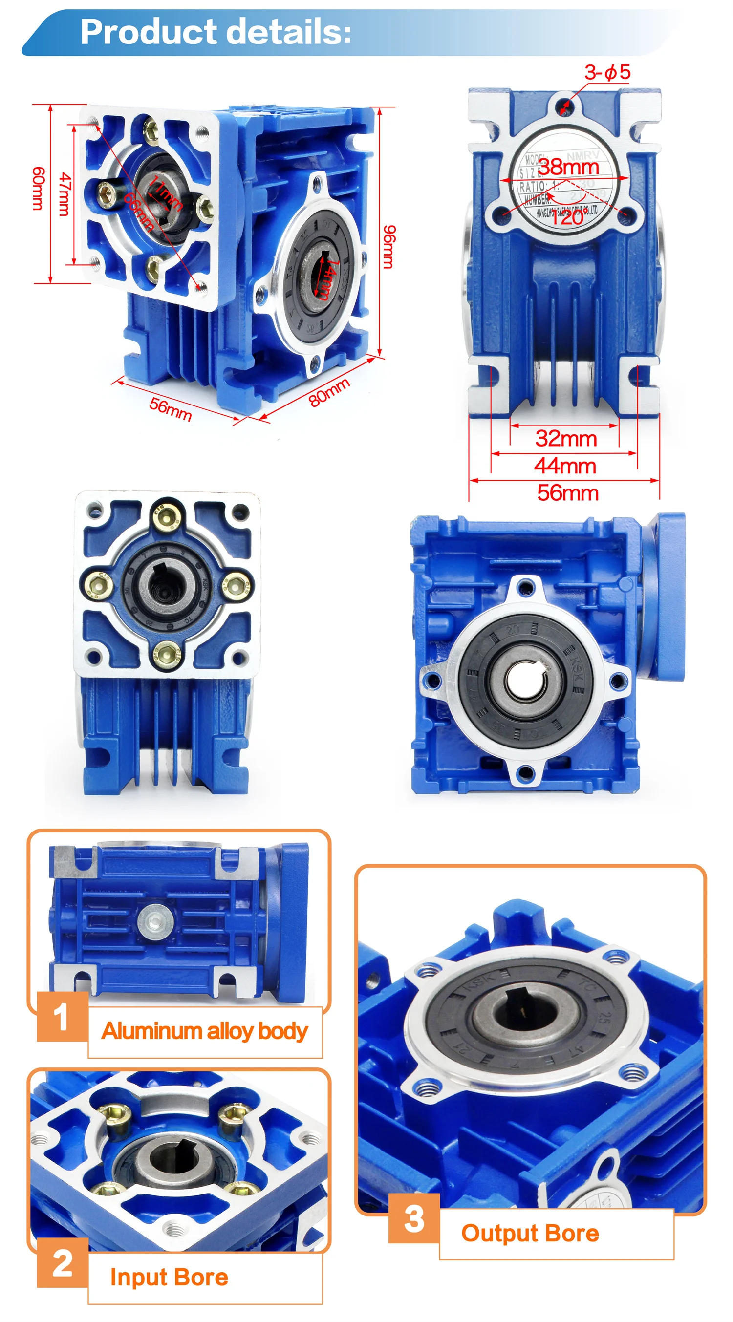 NMRV030 Worm Gear Reducer Input 11mm Output 14mm For Nema23 Stepper Motor