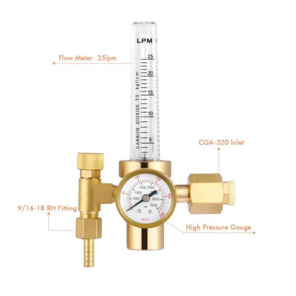 CO2 Gas Regulator Full Copper Flowmeter for Mig Welding Brass Yellow Valves Included