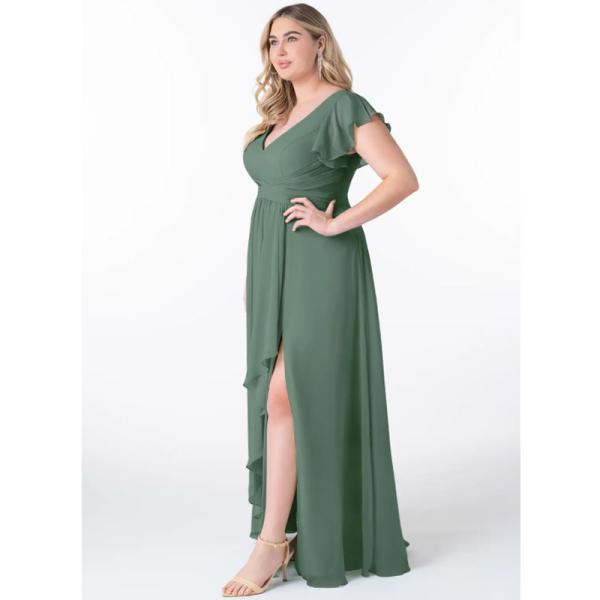 Hot Sale Factory Custom-made Chiffon Long Evening Dress A-Line Princess V-Neck Ruched V back Cap Sleeve