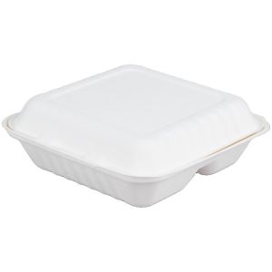 8 Inch Biodegradable Sugarcane Bagasse Clamshell 3 Compartment Disposable Lunch