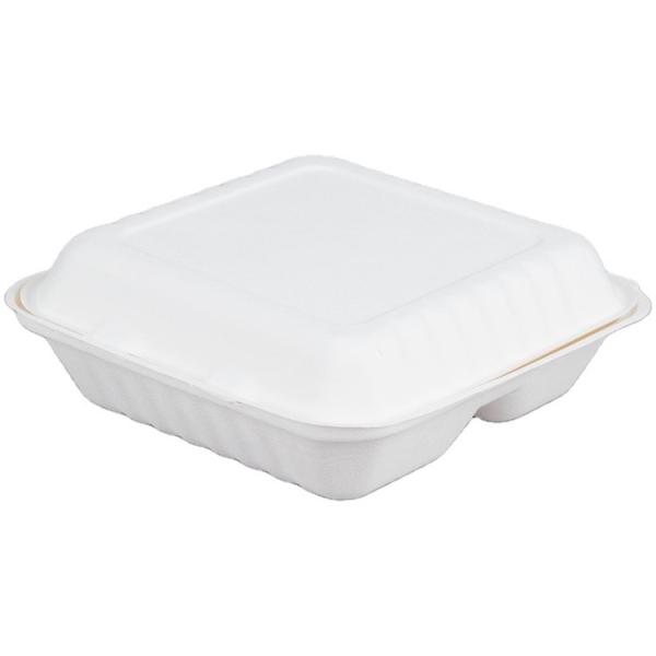 8 Inch Biodegradable Sugarcane Bagasse Clamshell 3 Compartment Disposable Lunch