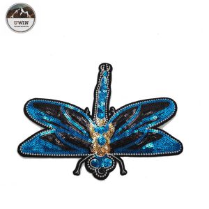 3D Fashionable Embroidered Bird Patches , Handmade Blue Dragonfly Iron On