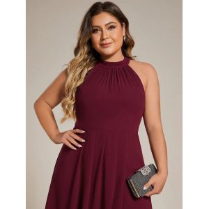 A Line Sleeveless Halter Neck Wedding Guest Dress Burgundy Chiffon Cocktail
