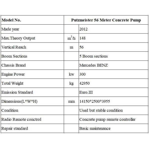 Structure Cylinder Type Used Heavy Equipment for Putzmeister 56 Meter Concrete Pump Truck
