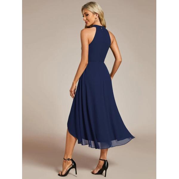 Popular A-line Sleeveless Halter Neck Wedding Guest Dress Navy Blue Chiffon Cocktail Dresses