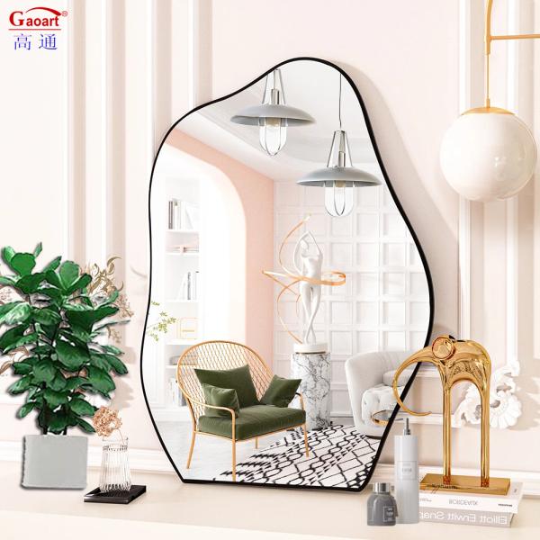 Stylish Bathroom Design with Large Framed Black Aluminum Wall Mirror and Gold Frame