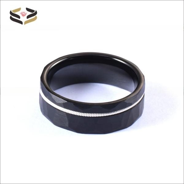 Mens Fashion Black Faceted Finish Hammered Tungsten Wedding Band With White Guitar String Inlay Comfort Fit Invisible Setting