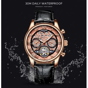 KINYUED genuine leather tourbillon mens automatic watch skeleton mechanical