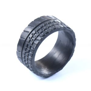 Round Black Carbon Fiber Band 10mm With Cubic Zirconia Inlay And Truck Tire Pattern