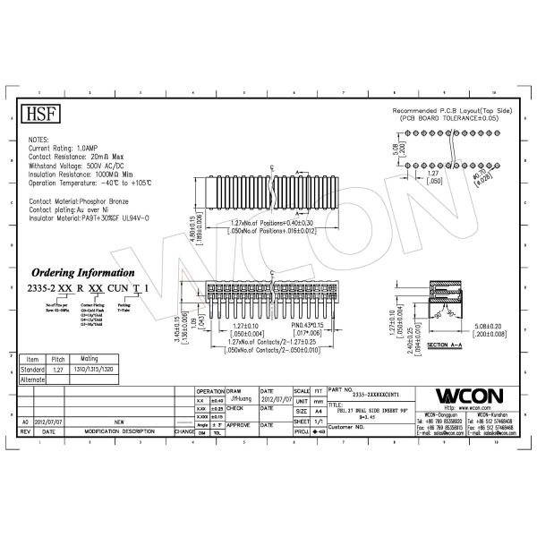 Phosphor Bronze 1.27mm 2x20 Female Header Dual Side Insert 90°DIP H=3.45 ROHS