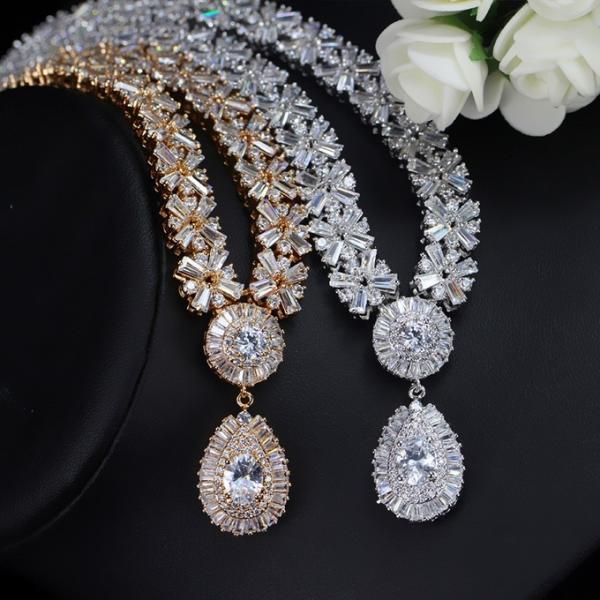 Water Drop Rhinestone Necklace & Earrings Full Crystal Necklace & Earrings Wedding Jewelry Set