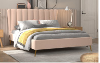 China Wingback Bed Frame Upholstered Fabric Cream-Coloured King Size on sale