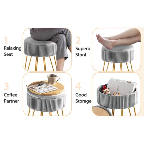 Custom Logo Velvet Storage Ottoman Footstool with Metal Legs and Round Footrest Stool