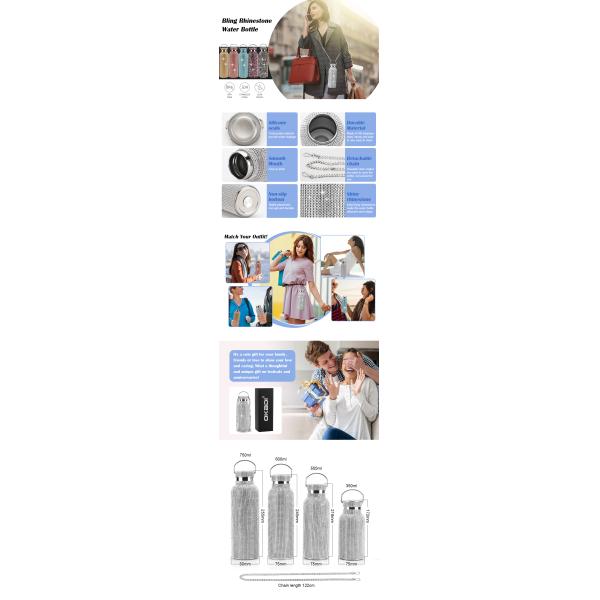 Women Creative Portable Handle Color Crystal Rhinestone Diamond Bling Bling Stainless Steel Vacuum Thermos Flask Water Bottle