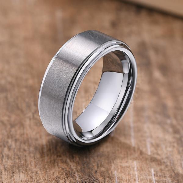 Silver Blue Gold Black Tungsten Wedding Band for Men 8mm Matte Brushed Finish Step Edges Comfort Fit Inlay Technology