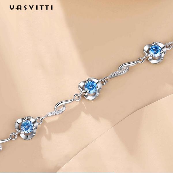 7.3in 5.2g Sterling Silver Jewelry Bracelets AAA CZ Blue Rhinestone Bracelet