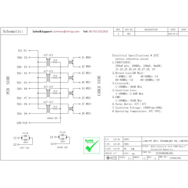 Cross MIC3801D-5166 RJ45 With Integrated Magnetics LPJG0820G4NL