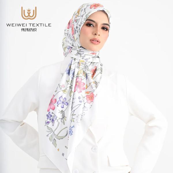 Factory Wholesale Customized Printed Logo Girl Women Shawl Square Floral Design Polyester Scarf Trendy Satin Silk Hijab Scarf