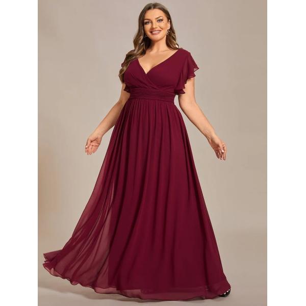 Empire Plus Size V-neck Open Back Ruffled A-line Cap Sleeves Dusty Navy Chiffon Evening Dress