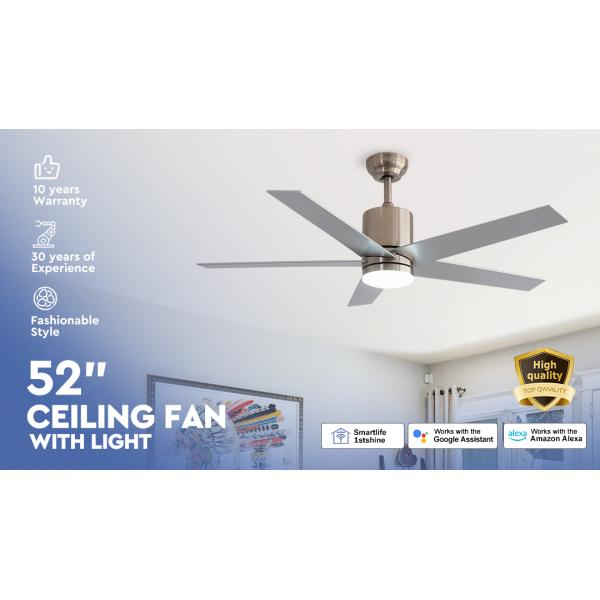 Satin Nickel Modern LED Ceiling Fan With 5 MDF Blade DC Motor Home Decorative