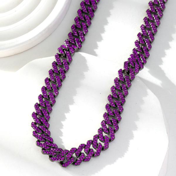 Fashion Purple Rhinestone Necklace Hiphop Black Color Cuban Chain Necklace For Women Men Hip Hop Rapper Jewelry Gifts