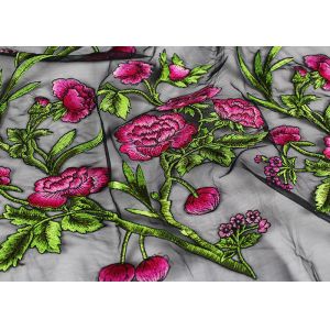 Colored Floral Embroidered Tulle Fabric With Polyester On Nylon Mesh Component
