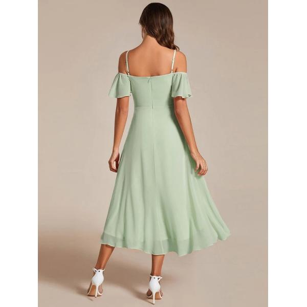 Empire Off-shoulder Spaghetti Strap Zipper High-low Wedding Guest Dresses Short Sleeves Mint Green Chiffon Graduation Dr